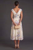 V Neck Apricot Ruffled Floral Midi Wedding Guest Dress