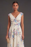 V Neck Apricot Ruffled Floral Midi Wedding Guest Dress