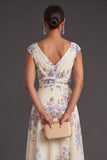V Neck Apricot Ruffled Floral Midi Wedding Guest Dress