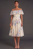 Apricot Ruffled Floral Off the Shoulder Midi Wedding Guest Dress