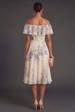 Apricot Ruffled Floral Off the Shoulder Midi Wedding Guest Dress