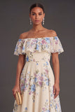 Apricot Ruffled Floral Off the Shoulder Midi Wedding Guest Dress
