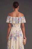 Apricot Ruffled Floral Off the Shoulder Midi Wedding Guest Dress