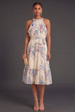 Apricot Floral Halter Neck Midi Wedding Guest Dress