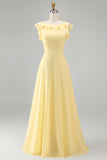 A Line Round Neck Ruffled Dusty Blue Long Bridesmaid Dress