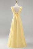 A Line Round Neck Ruffled Dusty Blue Long Bridesmaid Dress