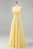 A Line Round Neck Ruffled Dusty Blue Long Bridesmaid Dress