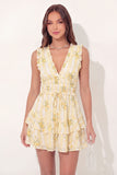 Floral Yellow V Neck Short Graduation Dress