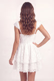 White Tiered Ruffled V Neck Short Graduation Dress