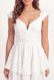 White Tiered Ruffled V Neck Short Graduation Dress