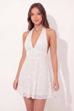 White Floral Halter Neck Short Appliqued Graduation Dress