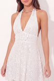 White Floral Halter Neck Short Appliqued Graduation Dress