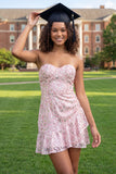 Sparkly Pink Ruffled Floral A Line Short Graduation Dress
