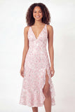 Sparkly Pink Floral V Neck Ruffled Midi Graduation Dress with Slit