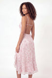 Sparkly Pink Floral V Neck Ruffled Midi Graduation Dress with Slit