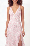 Sparkly Pink Floral V Neck Ruffled Midi Graduation Dress with Slit
