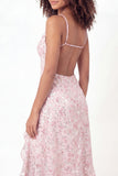 Sparkly Pink Floral V Neck Ruffled Midi Graduation Dress with Slit
