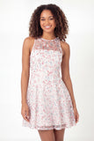 White Pink Floral Tiered Illusion Neck Short Graduation Dress
