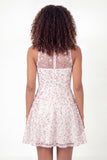 White Pink Floral Tiered Illusion Neck Short Graduation Dress