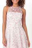 White Pink Floral Tiered Illusion Neck Short Graduation Dress