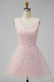 Backless Pink Floral Short Graduation Dress