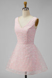 Backless Pink Floral Short Graduation Dress
