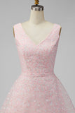 Backless Pink Floral Short Graduation Dress