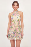 Halter Neck Yellow Floral A Line Short Graduation Dress