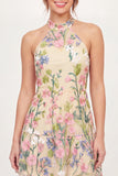 Halter Neck Yellow Floral A Line Short Graduation Dress