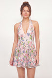 A Line Pink Floral Halter Neck Short Graduation Dress