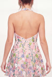 A Line Pink Floral Halter Neck Short Graduation Dress