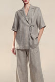 Peak Lapel Grey 2 Piece Short Sleeves Work Suits