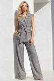 Sleeveless Peak Lapel Grey 2 Piece Work Suits with Pockets