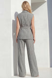 Sleeveless Peak Lapel Grey 2 Piece Work Suits with Pockets