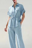 Blue Collar Neck Short Sleeves 2 Piece Work Suits with Pockets