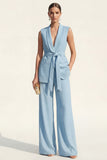 Blue Shawl Lapel Sleeveless 2 Piece Work Suits with Pockets
