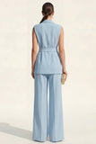 Blue Shawl Lapel Sleeveless 2 Piece Work Suits with Pockets