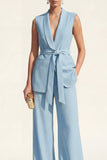 Blue Shawl Lapel Sleeveless 2 Piece Work Suits with Pockets