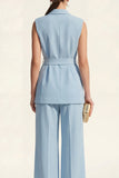 Blue Shawl Lapel Sleeveless 2 Piece Work Suits with Pockets