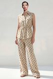 Khaki Polka Dots Sleeveless 2 Piece Work Suits