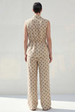 Khaki Polka Dots Sleeveless 2 Piece Work Suits