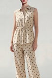 Khaki Polka Dots Sleeveless 2 Piece Work Suits