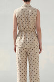 Khaki Polka Dots Sleeveless 2 Piece Work Suits