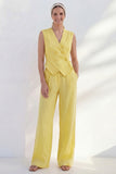 Butter Yellow V Neck Double Breasted 2 Piece Work Suits