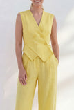 Butter Yellow V Neck Double Breasted 2 Piece Work Suits