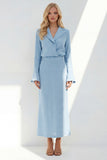 Blue Sheath Long Sleeves Peak Lapel Long Blazer dress