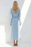 Blue Sheath Long Sleeves Peak Lapel Long Blazer dress