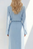 Blue Sheath Long Sleeves Peak Lapel Long Blazer dress