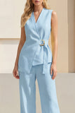 Pink V Neck Sleeveless 2 Piece Work Suits