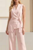 Pink V Neck Sleeveless 2 Piece Work Suits
